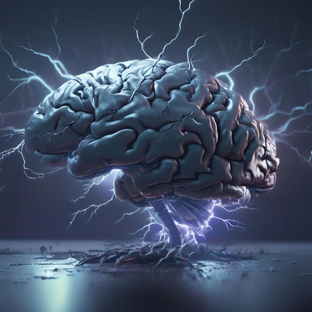 Brainstorm, brain exploded and lightened on dark background, ideas concept, AI generatedの素材