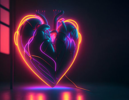 Glowing neon heart on dark background, AI generatedの素材