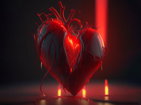 Realistic glowing 3d red heart, AI generatedの素材