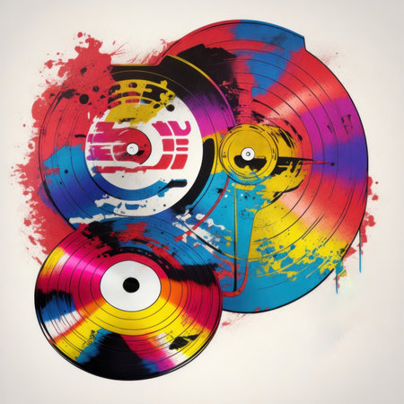 Colorful music background with retro grunge vinyl record, AI generatedの素材