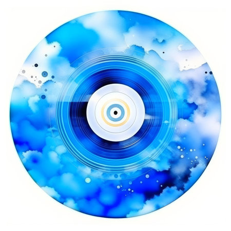 Blue Watercolor vinyl record with splashes, AI generatedの素材