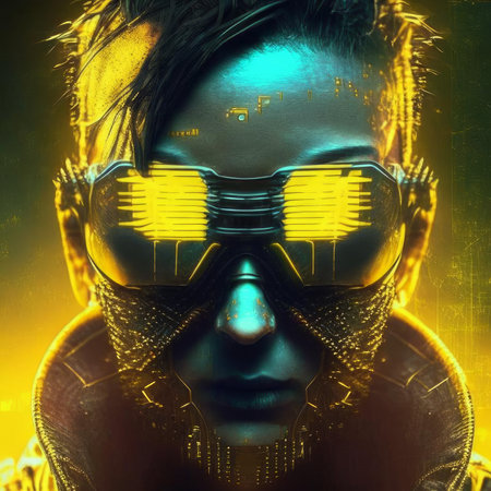 Man in glasses in matrix with sun light behind, AI generatedの素材