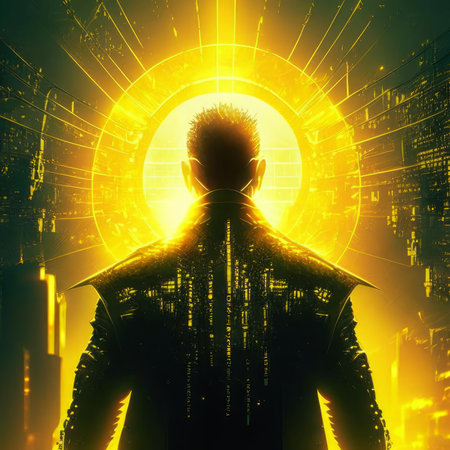 Person in matrix with sun light behind, AI generatedの素材