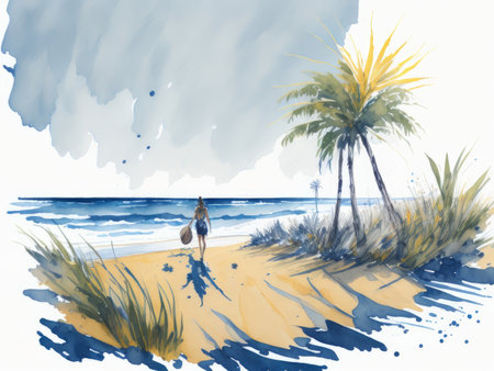 Splash Watercolor painting, urban sketch of a Beach, cruise, navy background, AI generatedの素材