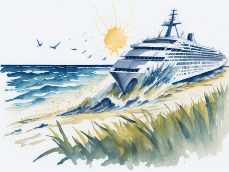Splash Watercolor painting, urban sketch of a Beach, cruise, navy background, AI generatedの素材
