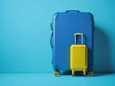 Yellow suitcase on blue background, AI generatedの素材