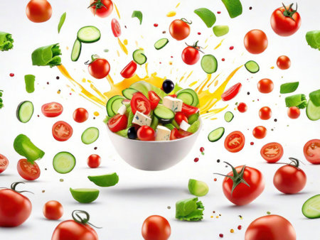 Flying Greek salad, AI generatedの素材