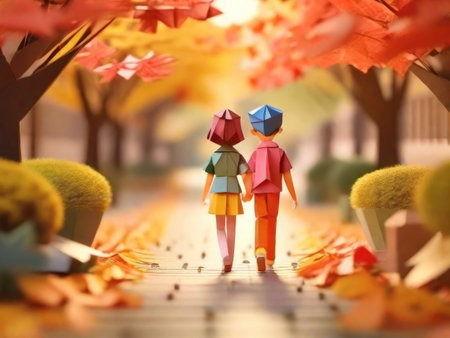 The childhood sweethearts walked hand in hand origami style, AI generatedの素材
