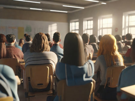 Back of students sitting in classroomの素材