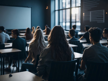 Back of students sitting in classroomの素材