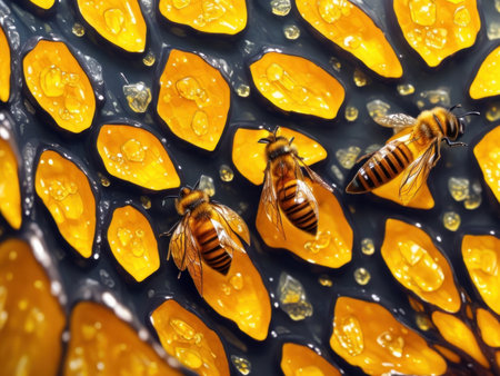 Close up of Honeycomb with bees, AI generatedの素材