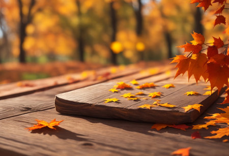 Old wooden table texture with sunny autumn background, AI generatedの素材
