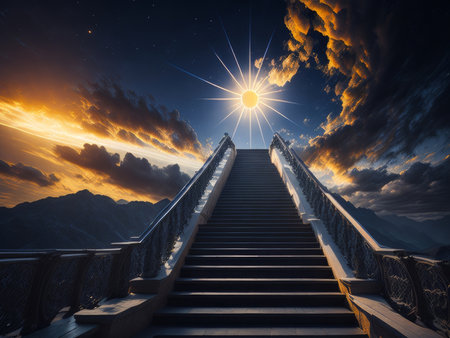 Ascending stairs to the sun and God, AI generatedの素材