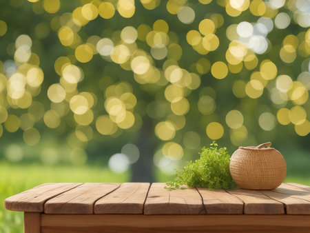 Old wooden table for product display with green background, AI generatedの素材