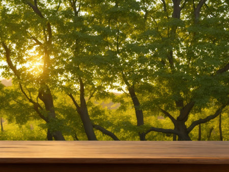 Old wooden table with blurred summer sunset background, AI generatedの素材