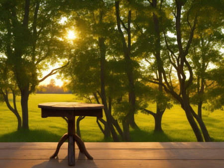 Old wooden table with blurred summer sunset background, AI generatedの素材