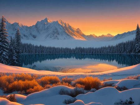 Snow covered mountains with a dark forest below, AI generatedの素材