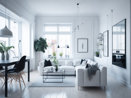 Interior design of modern trendy white kitchen, AI generatedの素材