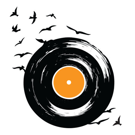 Retro vinyl record with flying birds silhouette drawn in grunge, sketch style, vector illustrationのイラスト素材