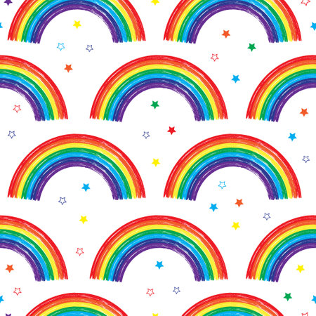 Seamless pattern with rainbows and stars on white background for textiles, print design, website background.のイラスト素材