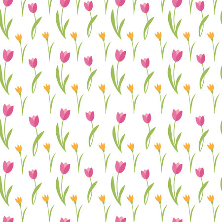 Pink tulips and yellow daffodils Seamless Vector pattern on white backgroundのイラスト素材