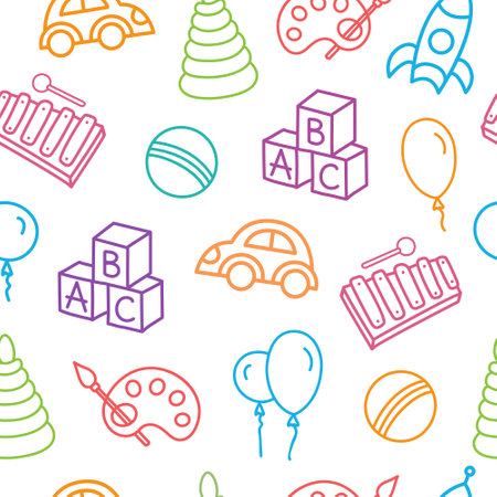 Baby toys colorful seamless pattern. Thin line, cartoon, doodle hand drawn toys. Educational games for kids concept. Background for print, fabric and wallpaperのイラスト素材