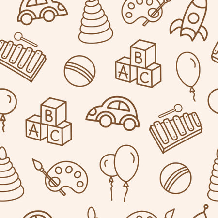 Baby toys seamless pattern in beige and cream colors. Thin line, cartoon, doodle hand drawn toys. Educational games for kids concept. Background for print, fabric and wallpaperのイラスト素材