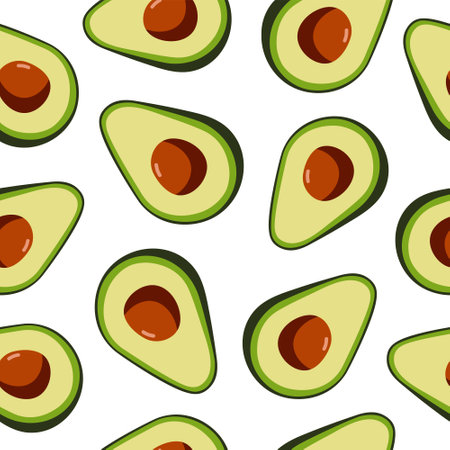 Avocado seamless pattern on white background. Perfect for textile, print, banners, vegan products packaging. Healthy food. Vector hand draw illustration.のイラスト素材