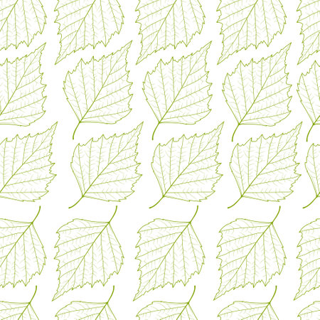 Seamless background with green sketch drawn birch leaves. Vector illustrationのイラスト素材