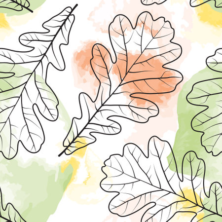 Oak Leves seamless pattern on background with bright watercolor splashes. Vector patternのイラスト素材