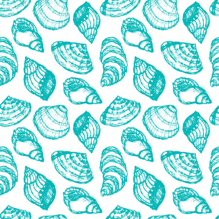 Seamless pattern with seashells. Hand drawn vector illustration in sketch style. Perfect for greetings, invitations, wrapping paper, textile and web design.のイラスト素材