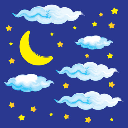Blue watercolor clouds and moon seamless pattern on blue backgroundのイラスト素材