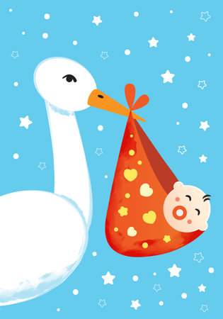 Baby shower card design with stork and baby in watercolor styleのイラスト素材