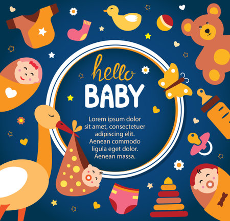 Cute colorful baby background for baby birth, baby shower greeting cards. Vector illustrationのイラスト素材