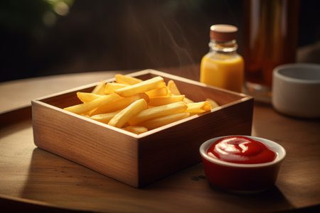 Appetizing French fries with sauce in wooden dishの素材
