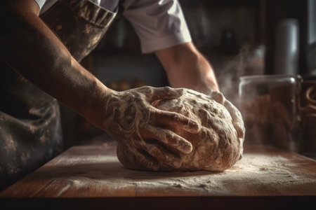 Chef hands kneading dough on tableの素材
