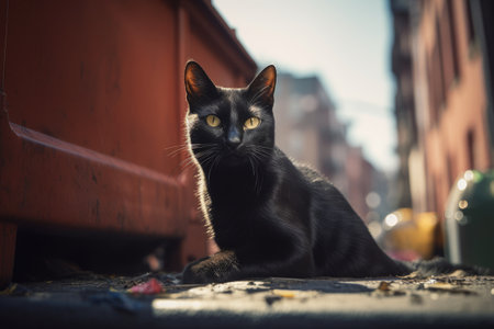Black street cat sitting on dumpsterの素材