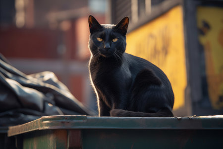 Black street cat sitting on dumpsterの素材