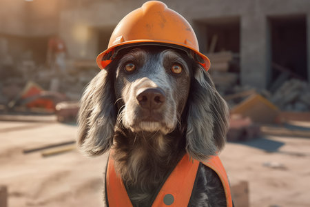 Hilarious dog wearing hard hatの素材