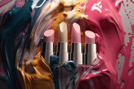 Different colored lipsticks on colorful background, AI generatedの素材