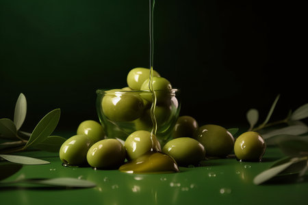 Olives and olive oil floating on green background, AI generatedの素材