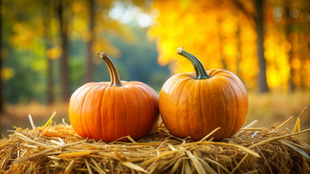Two ripe pumpkins in straw autumn backgroundの素材