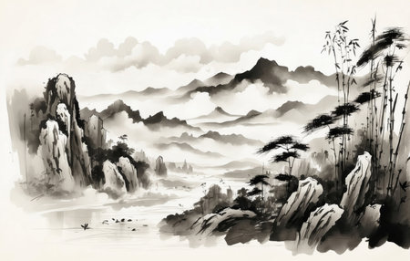 Traditional Japanese ink wash painting with bamboo on the river bank at sunsetの素材