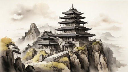 Ink wash painting of an ancient Asian temple on top of the mountainの素材