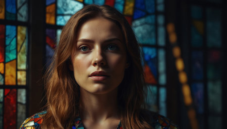 Beautiful brunet woman standing near colorful stained glass windowの素材