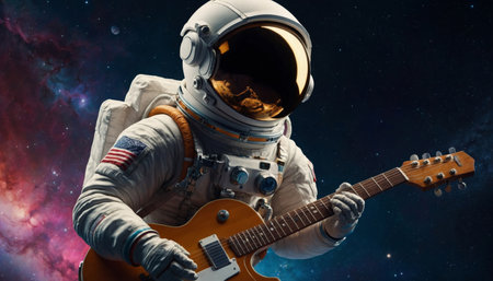 Astronaut floating in space with guitar in handの素材