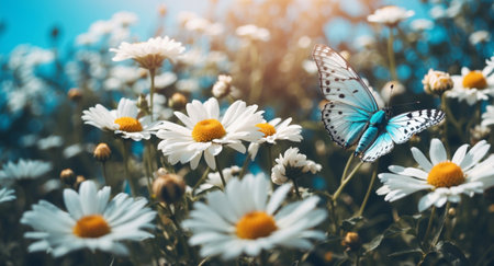 Summer meadow Background with white daisy flowers and butterfly spring garden floral beauty blossomの素材