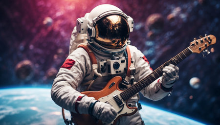 Astronaut floating in space with guitar in handの素材