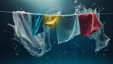 Cleaning clothes washing machine with floating shirt and dress underwater with bubbles and wet splashes laundry workの素材