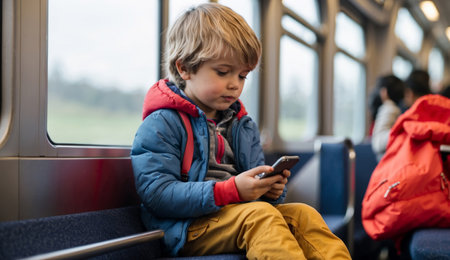 Child sitting on a train and using mobile phoneの素材